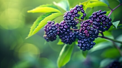 A close-up of a cluster of ripe elderberries still on the stem with their deep purple color and matte texture set against a backdrop of green foliage