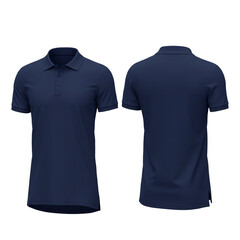 A navy blue polo shirt rendered in a realistic style showcasing the front and back views perfect for apparel design.