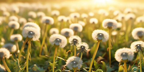 Field of Dandelions with Fluffy White Seeds Glowing in Golden Sunlight

