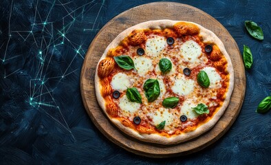 A freshly baked pizza topped with melted mozzarella, black olives, and fresh basil leaves on a wooden board over a dark textured surface.