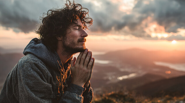Man seeking inner peace and reflection at sunset, finding hope and gratitude amidst nature's beauty, contemplating life's journey ahead with serene focus