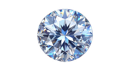 3D rendered illustration of a sparkling round brilliant-cut diamond with radiant lens flares and subtle shadow, showcasing high clarity and light refraction, fully isolated on a clean white background