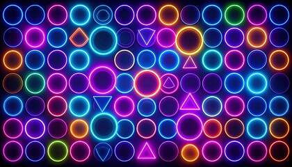 Vibrant neon circles and triangles on a dark background