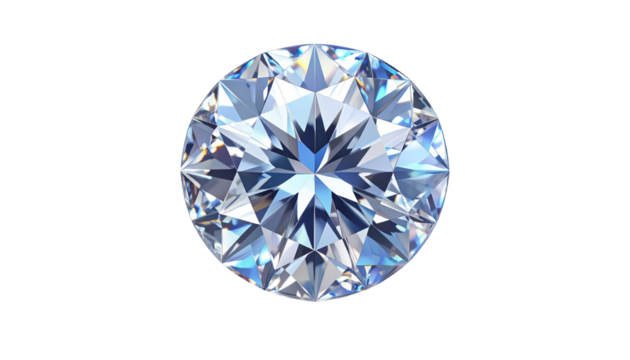 3D rendered illustration of a sparkling round brilliant-cut diamond with radiant lens flares and subtle shadow, showcasing high clarity and light refraction, fully isolated on a clean white background