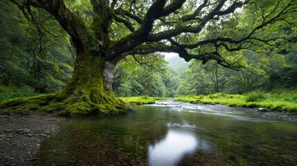 Explore the Serene Beauty of a Forest Stream Under Twilight Hues and Majestic Trees