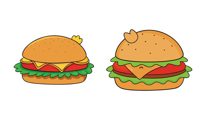 Two hand drawn style cheeseburgers with lettuce tomato and cheese isolated on white background