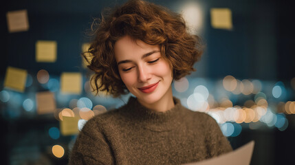 Woman singing softly while organizing paperclips in solitude