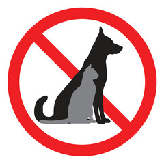 Sign prohibiting dogs and cats. Dog's and cat,s full body silhouettes in a crossed  red round sign. Vector illustration isolated on white background
