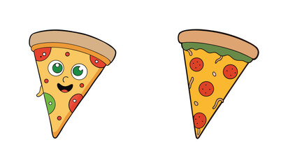 Two slices of delicious cartoon pizza with happy face and toppings isolated on white background