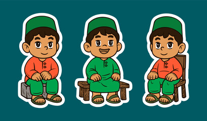 Muslim Kids in Traditional Attire Sitting and Smiling, Cute Cartoon Style
