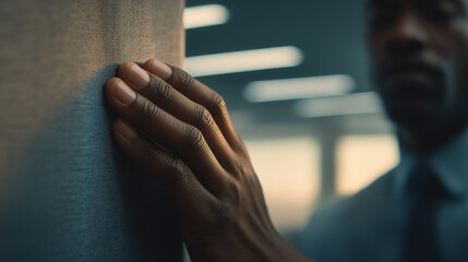 Office worker reapplying deodorant behind cubicle wall