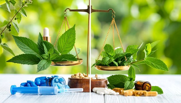 Herbal remedies and pharmaceuticals balanced on scales, natural setting