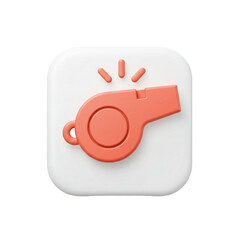 A vibrant orange whistle icon with sound waves suggests attention and a call to action within a simple rounded shape.
