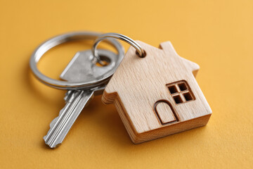 wooden house shaped keyring with key on yellow background