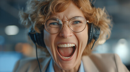 Engaging in a lively conversation on a headset while swiveling in an office chair