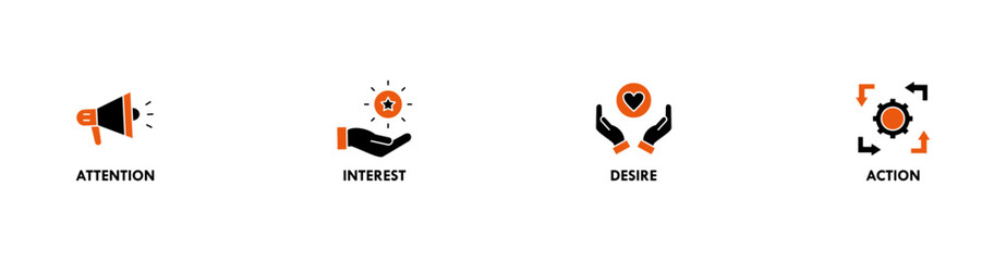 AIDA banner web icon vector illustration concept for attention interest desire action with icon of promotion, target, vision, store, ecommerce, and buying