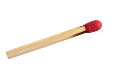 Realistic matchstick with a wooden body and red-tipped head, cleanly cut out and isolated on a transparent PNG background 