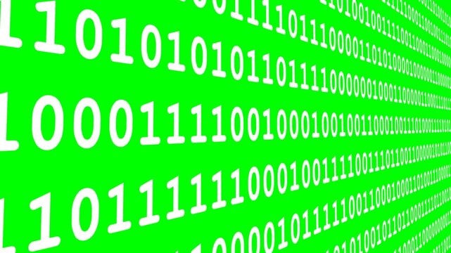 White running lines of computer binary code on isolated green screen, side view, chroma key, footage, mockup, loop
