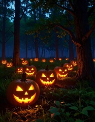 Obraz premium Glowing jack-o'-lanterns illuminate a dark, misty forest at night