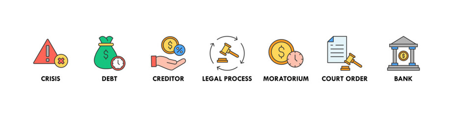 Bankruptcy banner web icon vector illustration concept with icon of crisis, debt, creditor, legal process, moratorium, court order, and bank