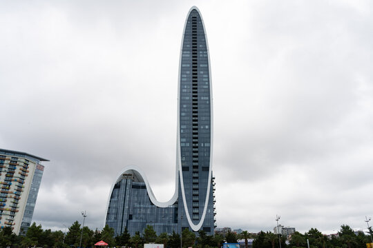 The modern futuristic design of the high-rise Marriott Hotel on the seafront at Batumi on the Black Sea coast of Georgia.