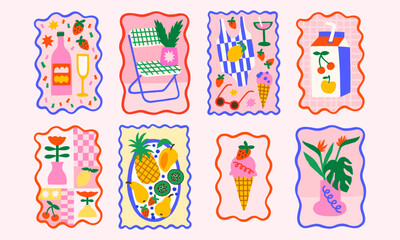 Summer vacation beach vector print designs. Bright tropical exotic fruits illustrations in wavy frames