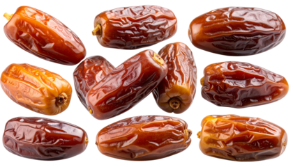 Fresh ripe dates with glossy brown skin and natural texture, some partially opened to reveal the sweet interior, isolated on a transparent PNG background.