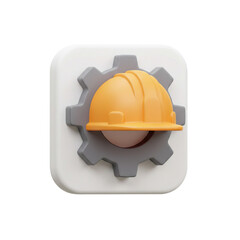 A stylized construction icon featuring a safety helmet nestled within a gear symbol suggesting engineering or building concepts.