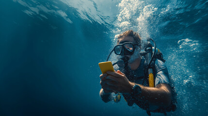 Close-up of a male diver's hand using a smartphone device underwater in the deep blue sea during a summer vacation.
