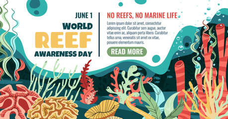 World Reef Day horizontal banner. Vibrant coral reef seaweed and bubbles. Perfect for marine conservation campaigns social media posts website headers posters and educational materials