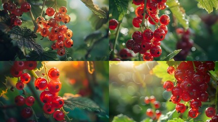 A close-up of a cluster of ripe currants still on the stem with their vibrant red color and translucent texture set against a backdrop of green foliage