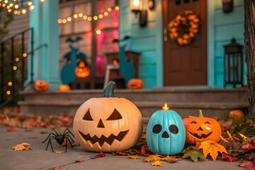 Obraz premium Festive Halloween Porch with Pumpkins, Lights, and Spider Decoration