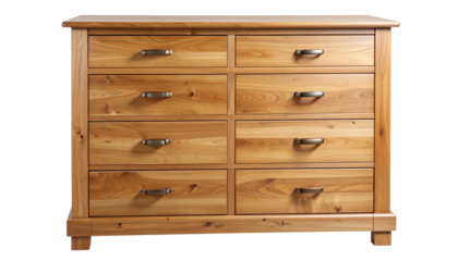 Wooden chest of drawers with multiple compartments and detailed handles, fully isolated on a transparent PNG background.