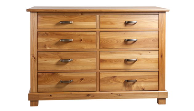 Wooden chest of drawers with multiple compartments and detailed handles, fully isolated on a transparent PNG background. - Powered by Adobe