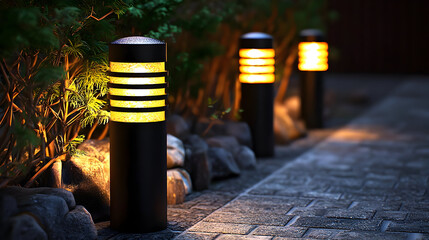 Pathways illuminated by modern outdoor lamps.  Small, cylindrical black posts with horizontal bands of warm yellow light cast a gentle glow on a stone pathway, bordered by shrubs and rocks