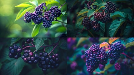 A close-up of a cluster of ripe elderberries still on the stem with their deep purple color and matte texture set against a backdrop of green foliage