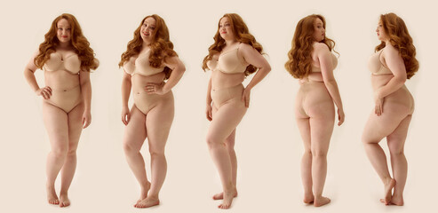 Collage of confident woman in neutral underwear from multiple angles. Concept of confidence, identity expression, underwear advertising, diversity in fashion.