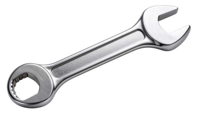 Metal wrench with realistic steel texture and open-end design, fully isolated on a transparent PNG background