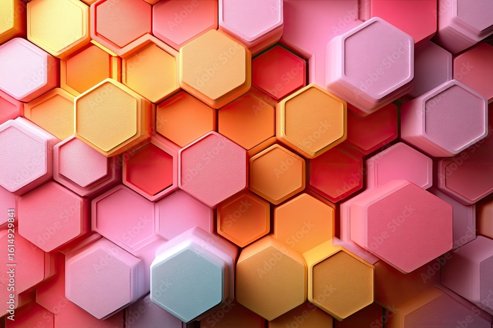 Poster a gradient of pastel hexagon shapes stacked upon each other in a honeycomb pattern. use as a backdro