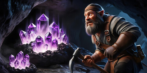 Bearded Dwarf Miner Holding Pickaxe Gazing at Glowing Purple Crystals in Cave


