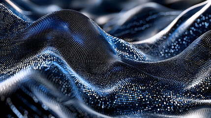 Naklejka premium Abstract digital wave pattern of dark blue and grey dots. Intricate, flowing, textured surface, suggesting data points or particles in motion