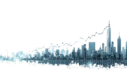 City skyline with upward trending graph, suggesting economic growth and prosperity.  Abstract graphic design of skyscrapers and a graph showing a positive trend line overlaid on a city's skyline