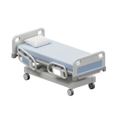 A modern hospital bed with a clean blue sheet and a soft pillow ready for patient care and comfort in a medical setting.