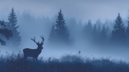Misty forest scene with deer silhouette.