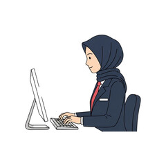 A focused professional woman wearing a hijab diligently types on a computer keyboard in a modern office setting.