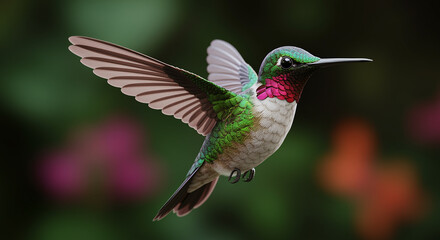 A tiny hummingbird in mid-flight, its iridescent ruby throat and green plumage captured in stunning detail against a soft garden bokeh.