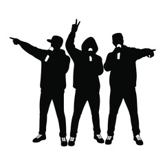 Silhouette of three rappers performing with microphones on a white background