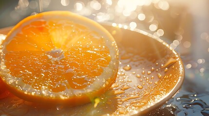 A close-up of a vibrant orange sliced open to reveal its juicy segments with droplets of juice glistening under the sun on a ceramic plate