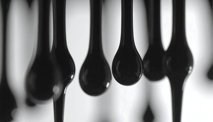Close-up of several dark viscous drops hanging, about to fall