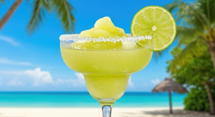 Frosty Lime Margarita on Tropical Beach: Summer Cocktail Bliss